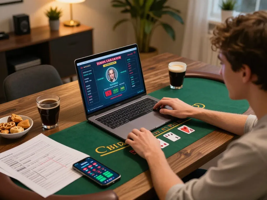 Xoso66 player enjoying live dealer blackjack on laptop at home, highlighting online casino gameplay.