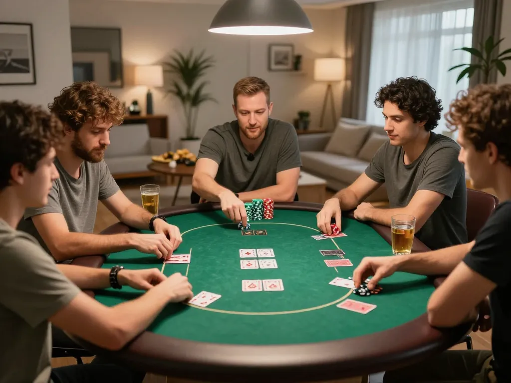 F168 players strategizing during an exciting at-home poker game filled with competitive energy.