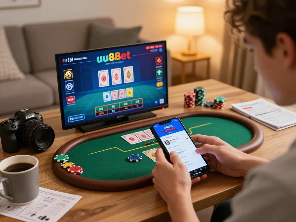 Player using uu88bet on mobile device while strategizing and enjoying a cozy home environment.