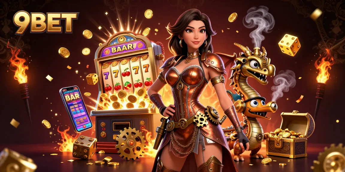 Engage with 9BET through a vibrant 3D illustration showcasing steampunk elements and dynamic casino themes.