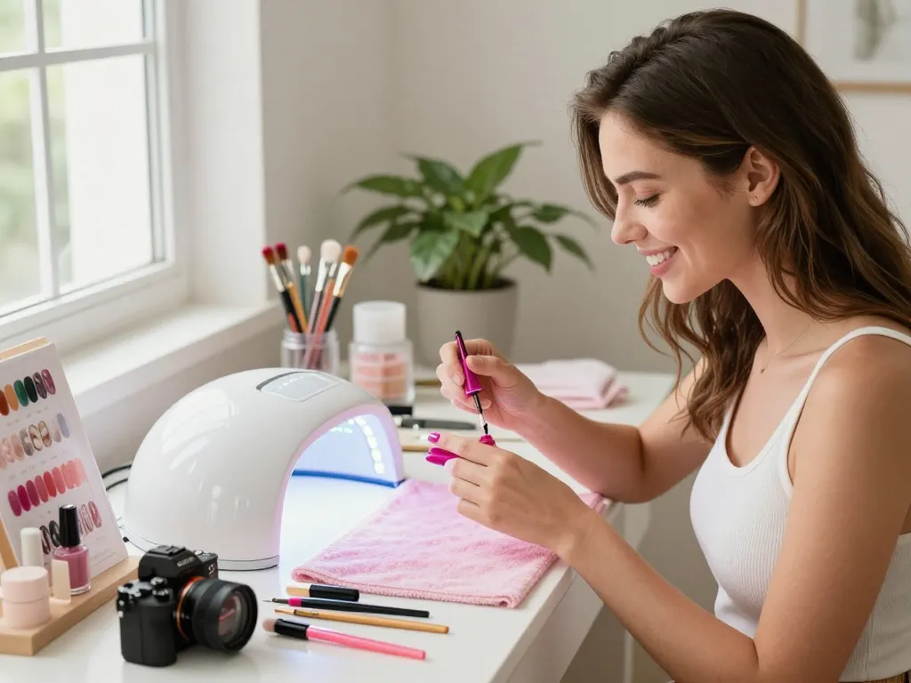 O tânără aplicând un ojă gel vibrantă produse beauty ieftine la o masă de vanity luminoasă.