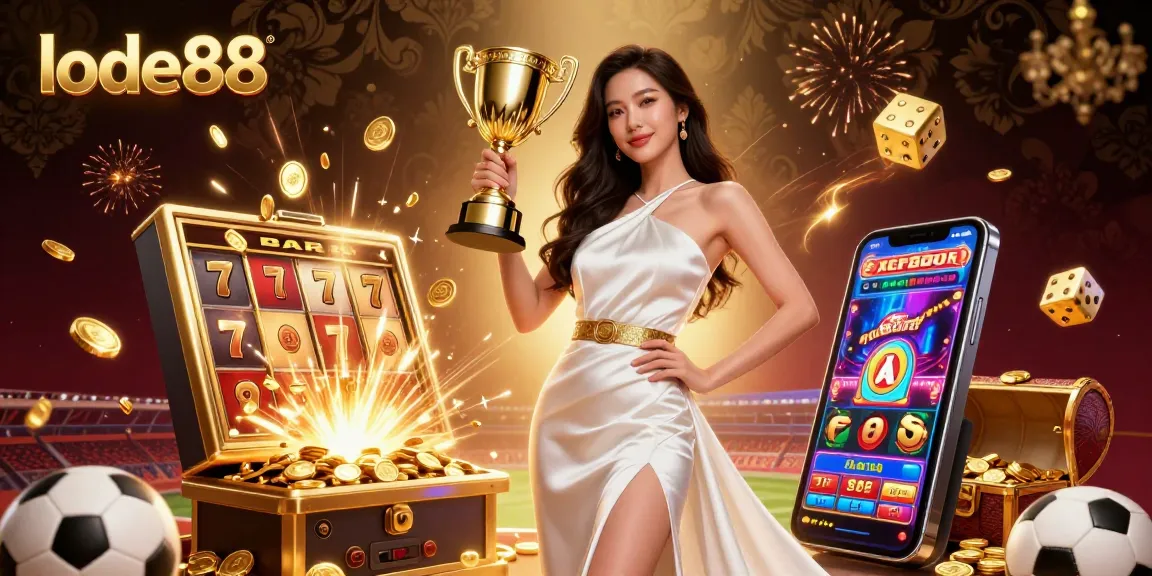 Win big with lode88 as the victorious Asian woman celebrates her success surrounded by vibrant slot and betting elements.