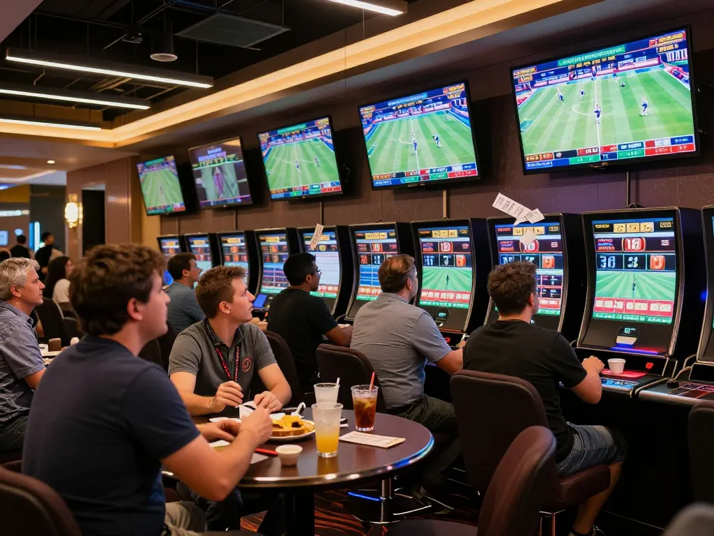 VU88 players excitedly placing bets in a vibrant sports betting lounge with screens
