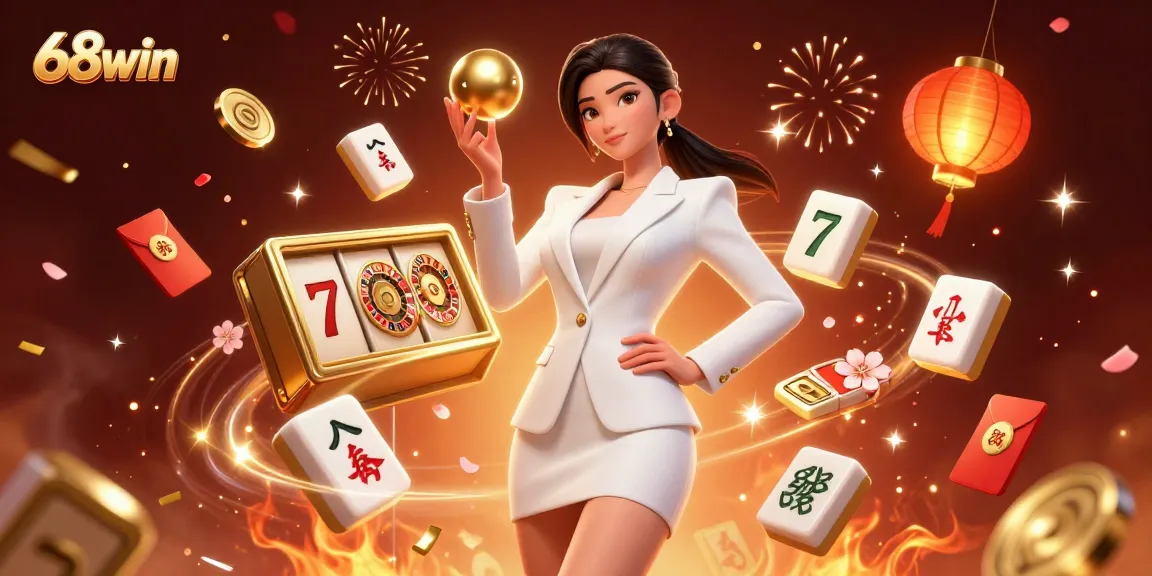 Engage in thrilling gameplay at 68win, showcasing a confident player with casino elements in a vibrant setting.