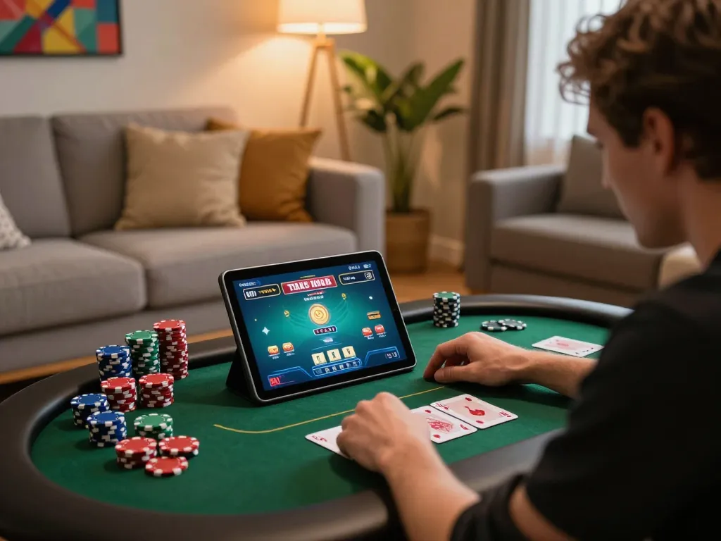 Engaging in a tactical session of lucky88 poker online in a cozy living room environment