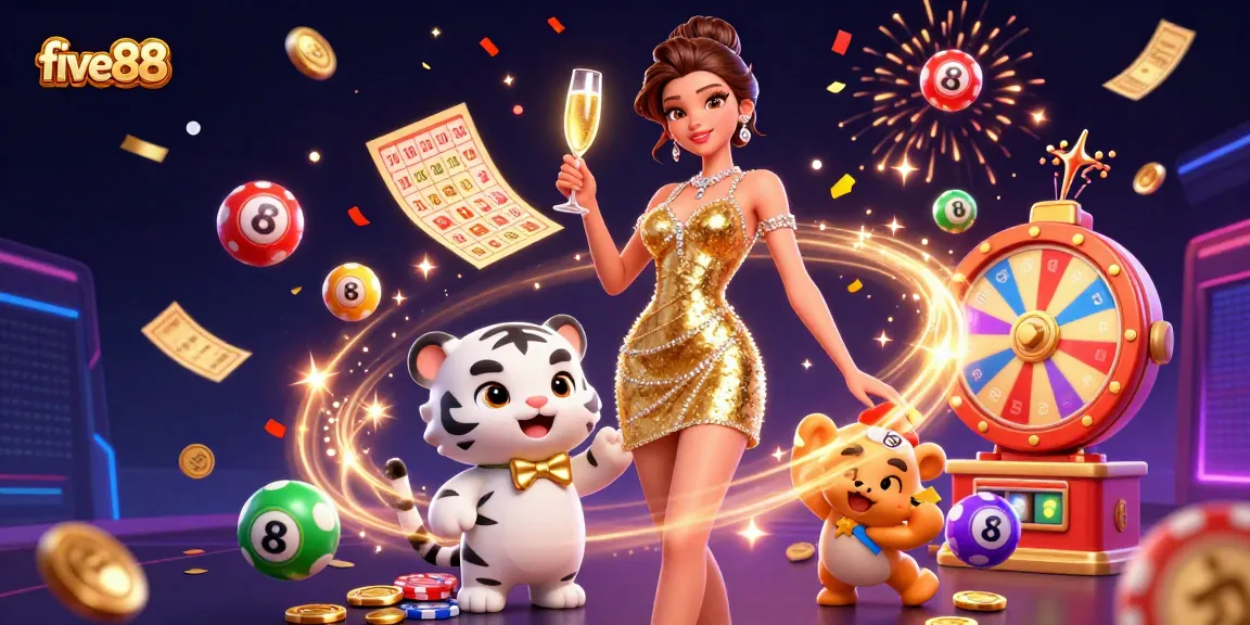 Join the excitement of five88 with a glamorous woman and a lucky tiger cub surrounded by vibrant casino elements.