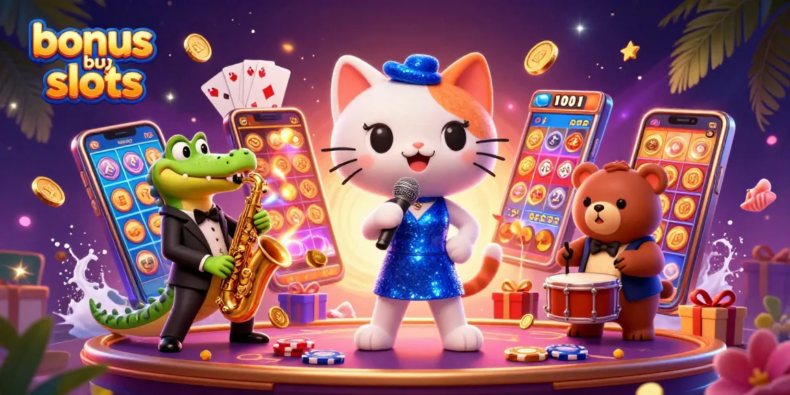 Experience thrilling bonus buy slots action with a jazzy cat singer and casino elements.