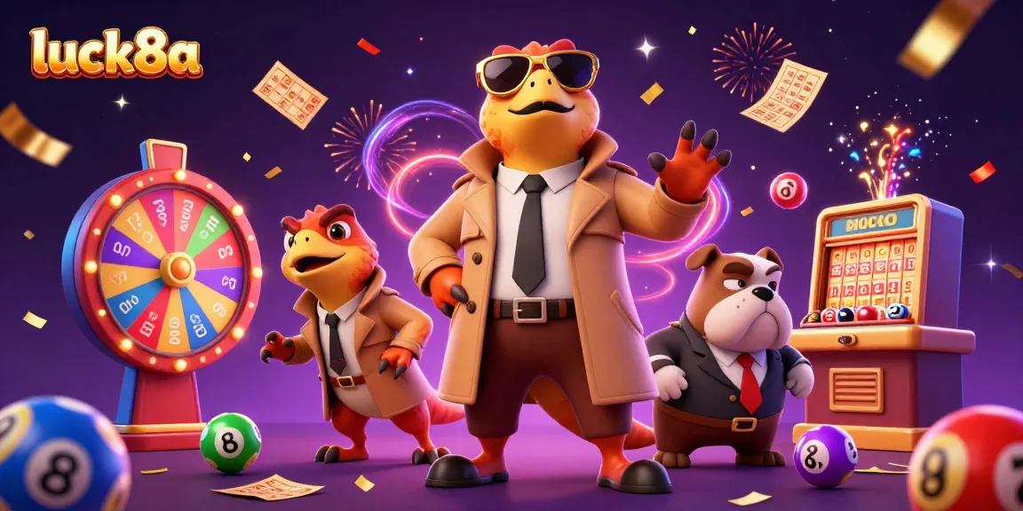 Experience luck8a with cartoon raptors in a trench coat at a vibrant VIP casino atmosphere.