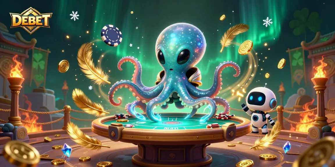 Engage with DEBET in a vibrant casino scene featuring an alien octopus and poker table.
