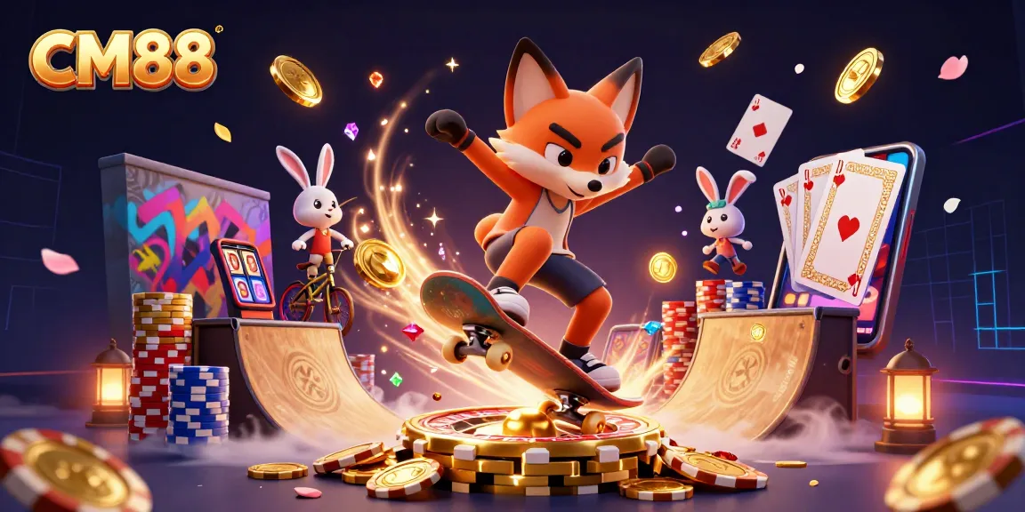 CM88 captivates players with an energetic 3D casino scene featuring a skateboarder fox and BMX rabbit.