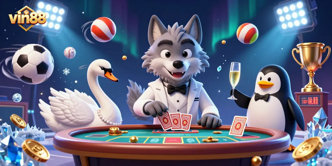 Experience exciting gaming action with vin88 featuring a debonair wolf, elegant swan dealer, and sophisticated penguin at a baccarat table.