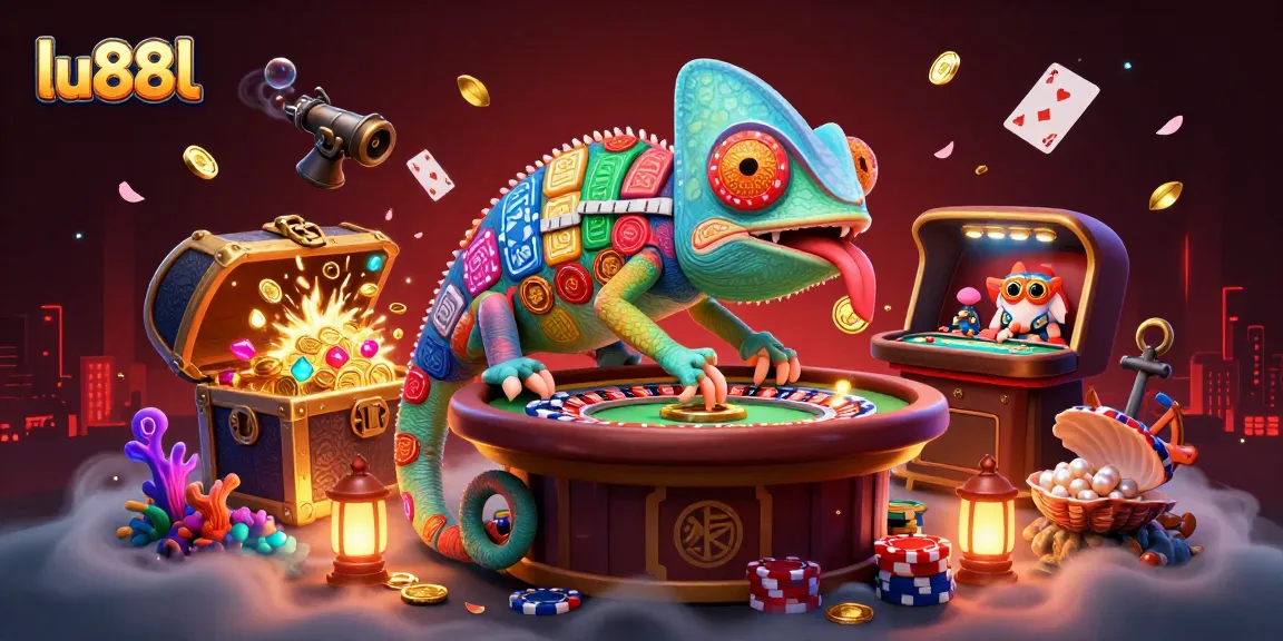 Experience vibrant winnings at lu88l's captivating casino, with colorful chameleon character amid treasure.