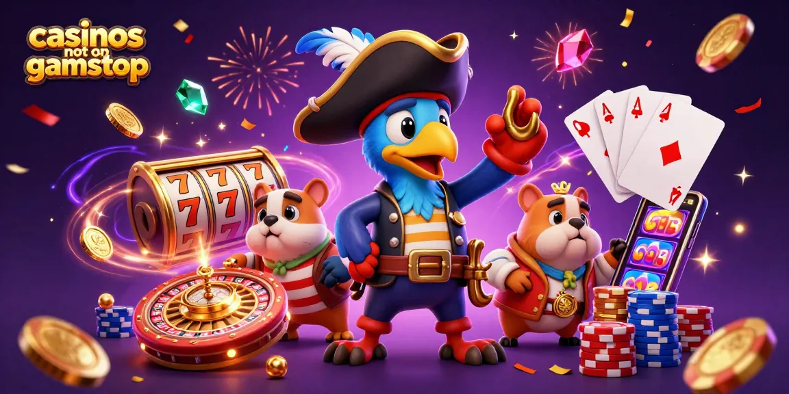 Win big at casinos not on gamstop with this vibrant 3D scene featuring classic gaming elements.