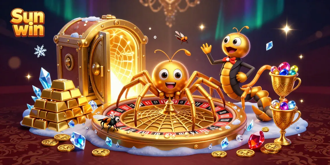 Engage in the thrill of Sun win as a golden spider spins a roulette web in a vibrant casino scene.