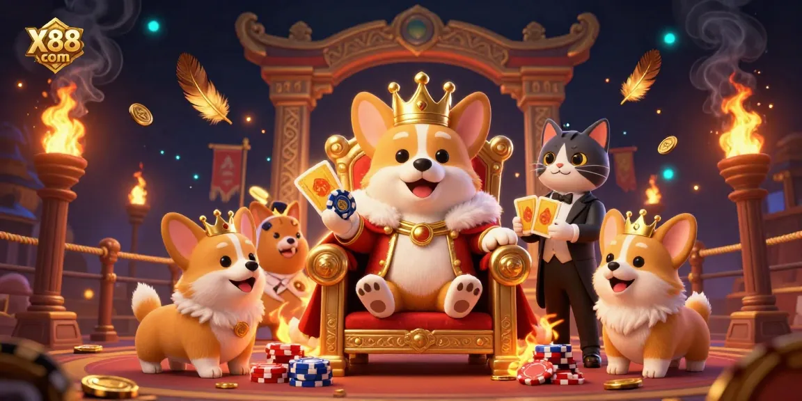 X88 com showcases a royal corgi on a throne of poker chips amidst glittering casino elements.