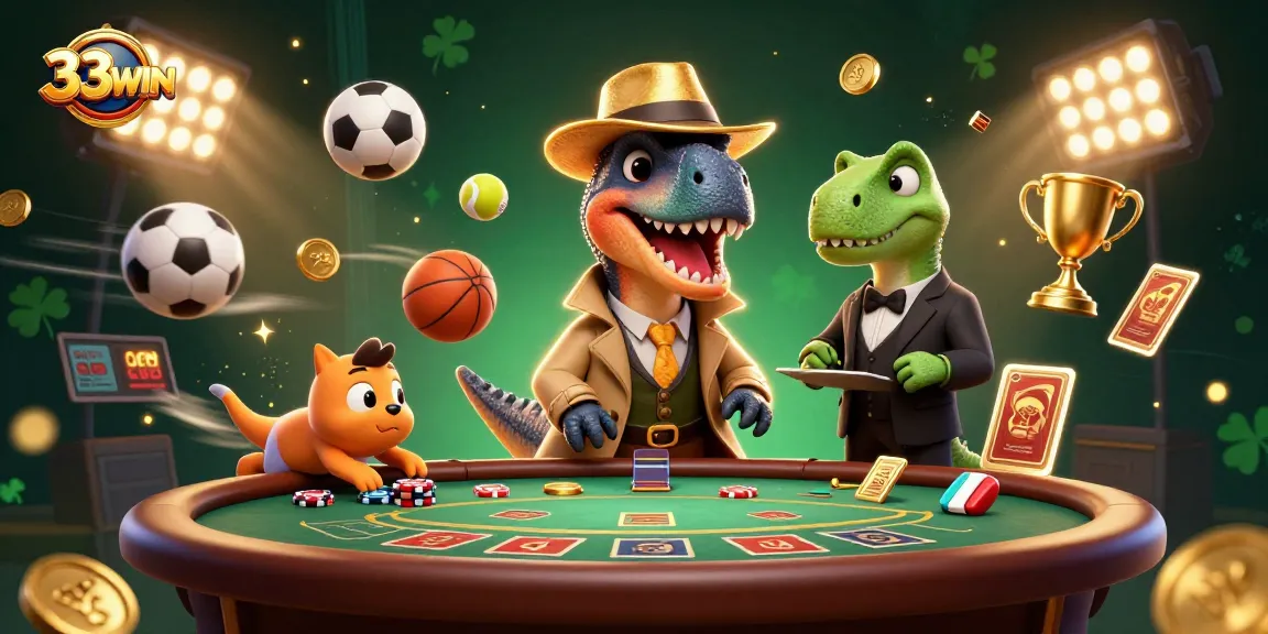 Engage in thrilling games at 33WIN with a velociraptor card counter and friends in a vibrant casino scene.