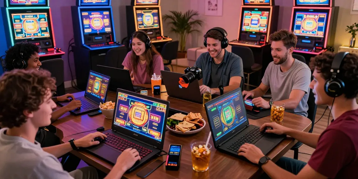 Friends enjoying a credit card casino experience with laptops and drinks in a vibrant gaming setup.