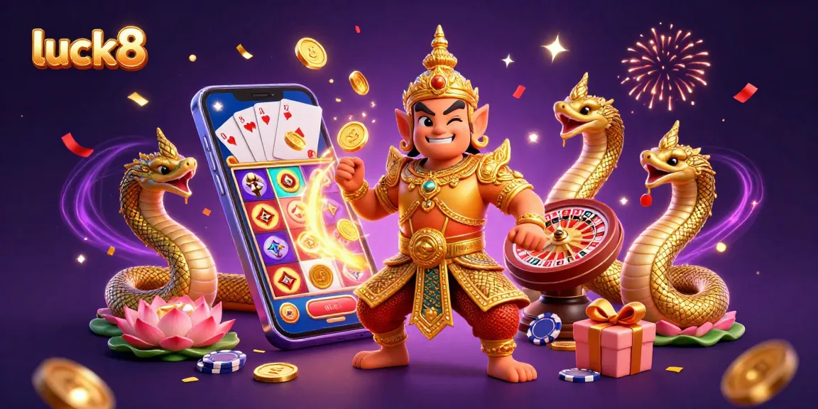 Play exciting slots and games at luck8, featuring vibrant characters and dynamic casino elements.
