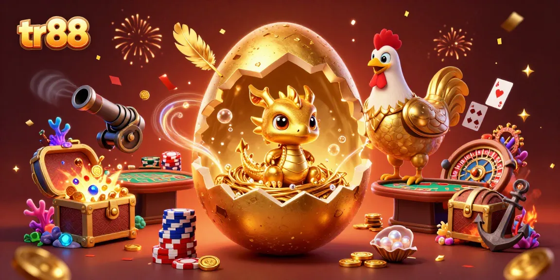 Engage with the thrilling world of TR88 as a golden baby dragon emerges from a colossal egg amidst a vibrant live casino scene.