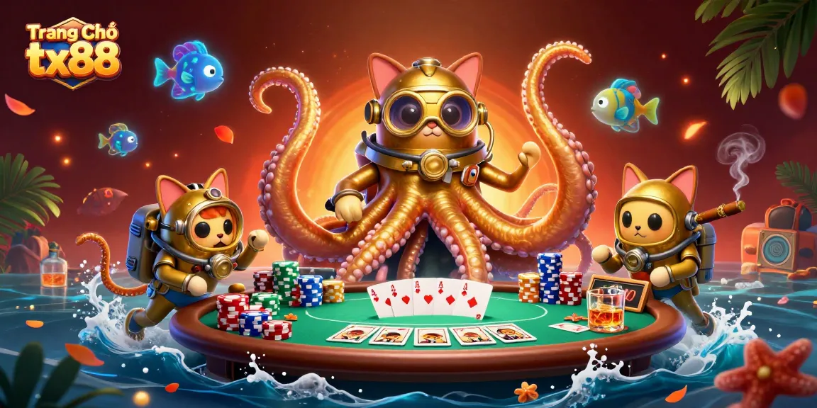 Experience the thrill of Trang Chủ tx88 with a vibrant 3D casino scene featuring a magical kraken, diving cat, and poker action.