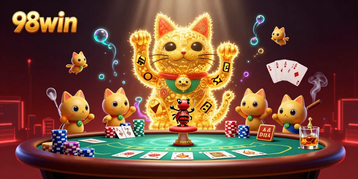 Experience the excitement of 98win with a vibrant illustration of a lucky cat, poker elements, and dynamic casino atmosphere.