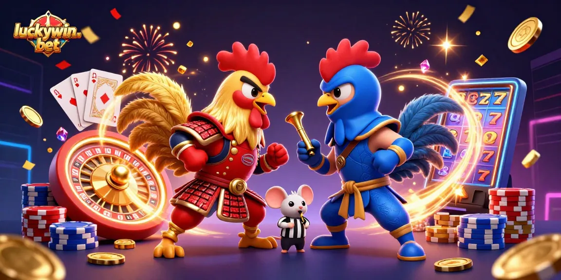 Experience thrilling action at luckywin-bet with dynamic roosters in combat amidst a sparkling casino backdrop.