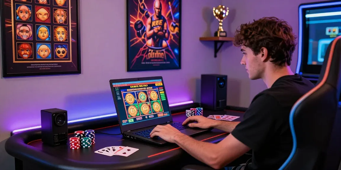 Player enjoying new online slot sites with colorful graphics and poker chips in a modern gaming setup