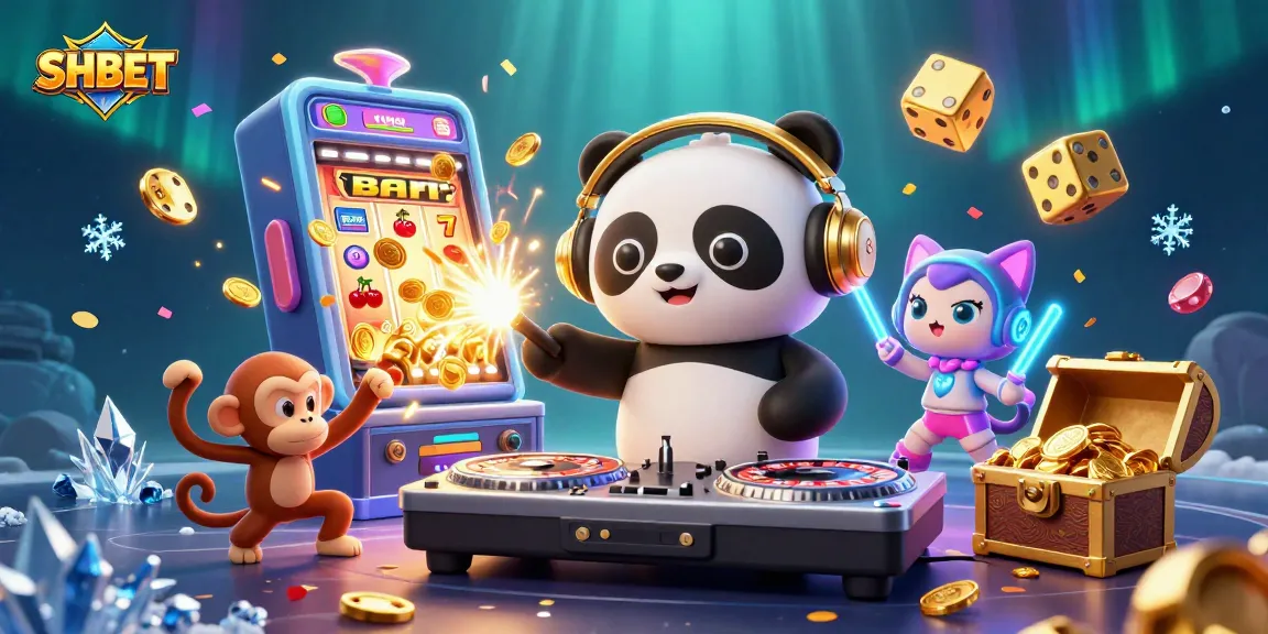 Join SHBET's exciting casino world with a lively DJ panda and vibrant gaming elements surrounding him.