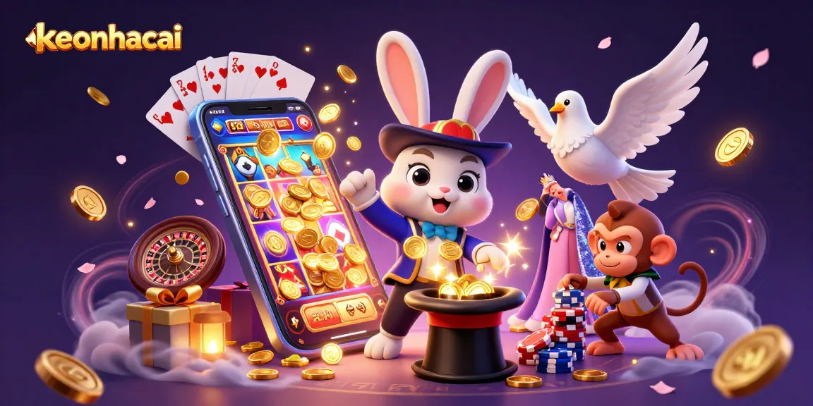 Engage with keonhacai as a 3D magician rabbit conjures golden coins amidst vibrant casino elements.
