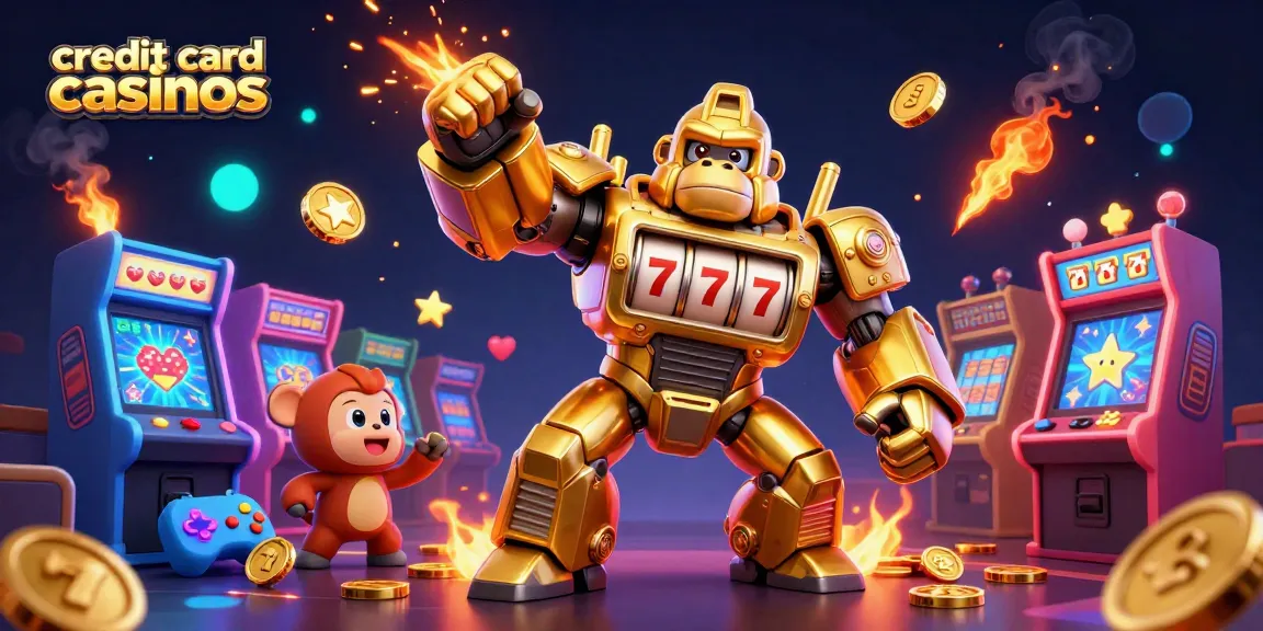 Engage in the excitement of credit card casinos with a dynamic 3D illustration showcasing a golden gorilla mech.